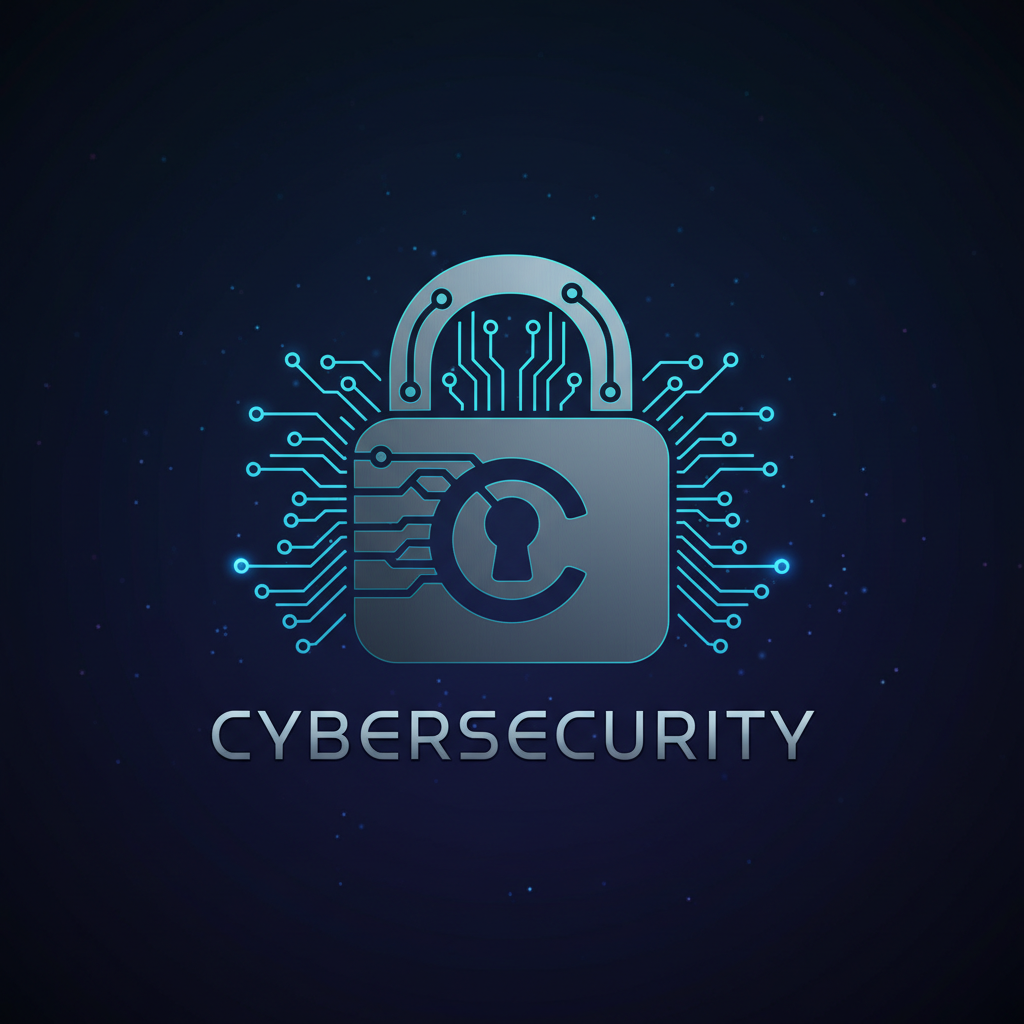 Cybersecurity lock icon on digital circuit board with blue light