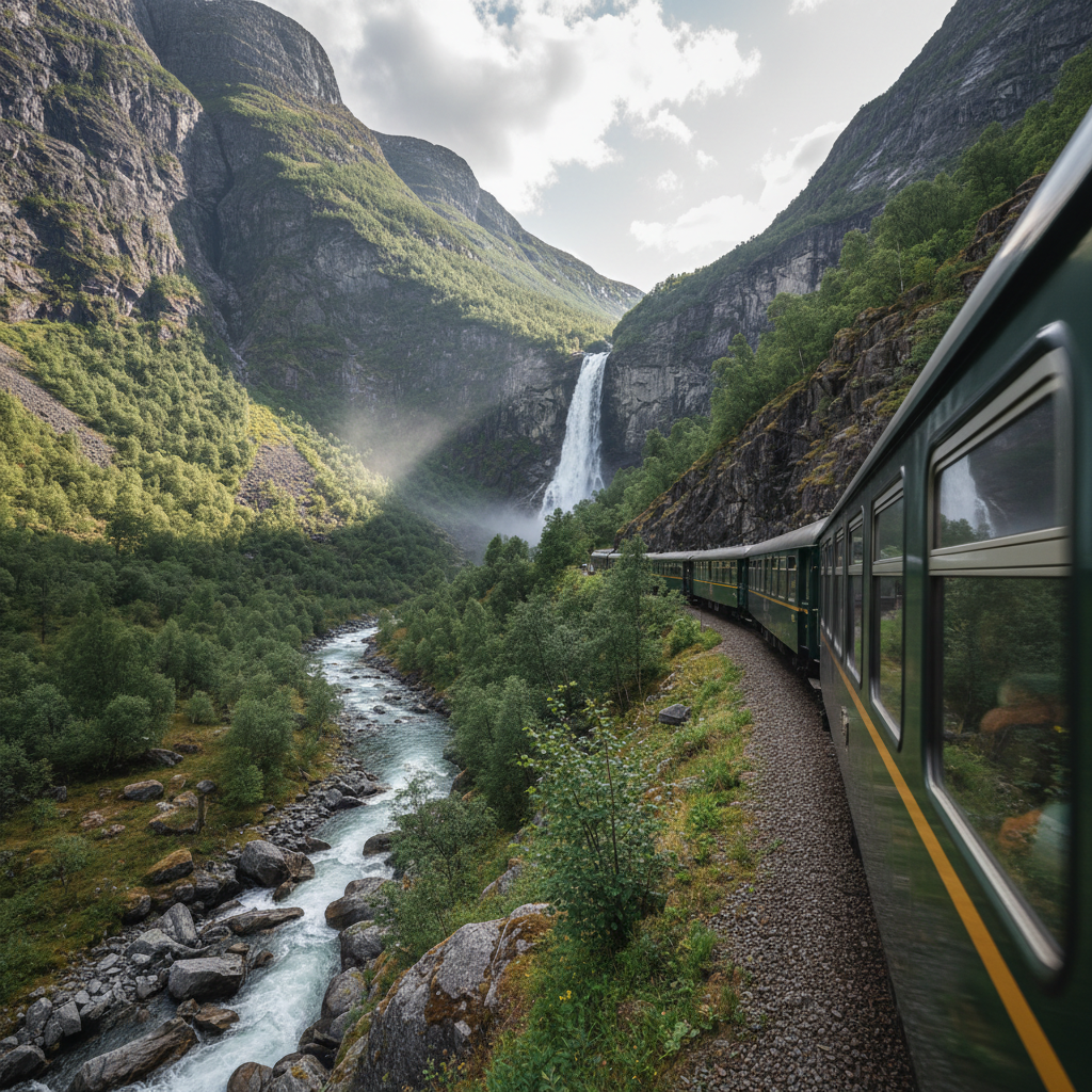 Flåm Railway train descending through a steep valley in Norway