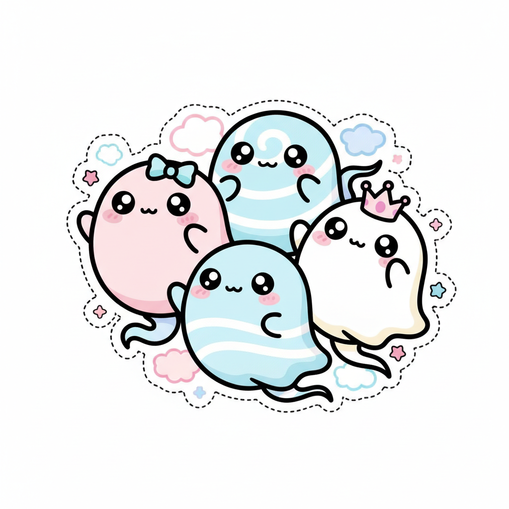 Soft Haunts kawaii creature sticker series by artist Yuna Park featuring cute ghost characters