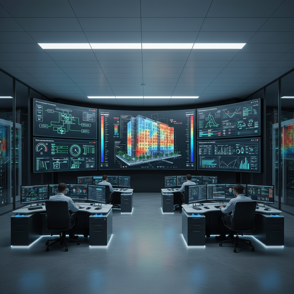 SCADA control room with multiple bright monitors showing industrial process data, well-lit operations center, professional environment
