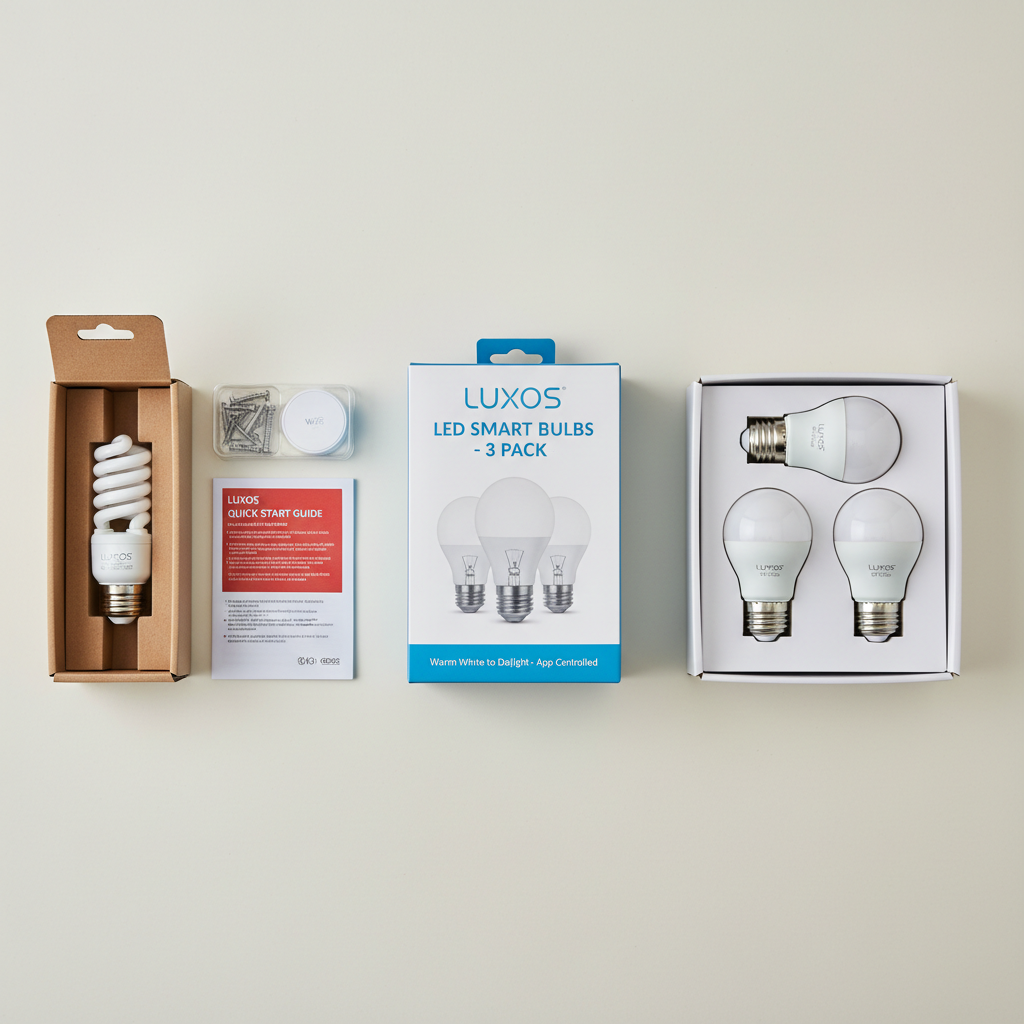 LED light bulbs in packaging on clean white surface