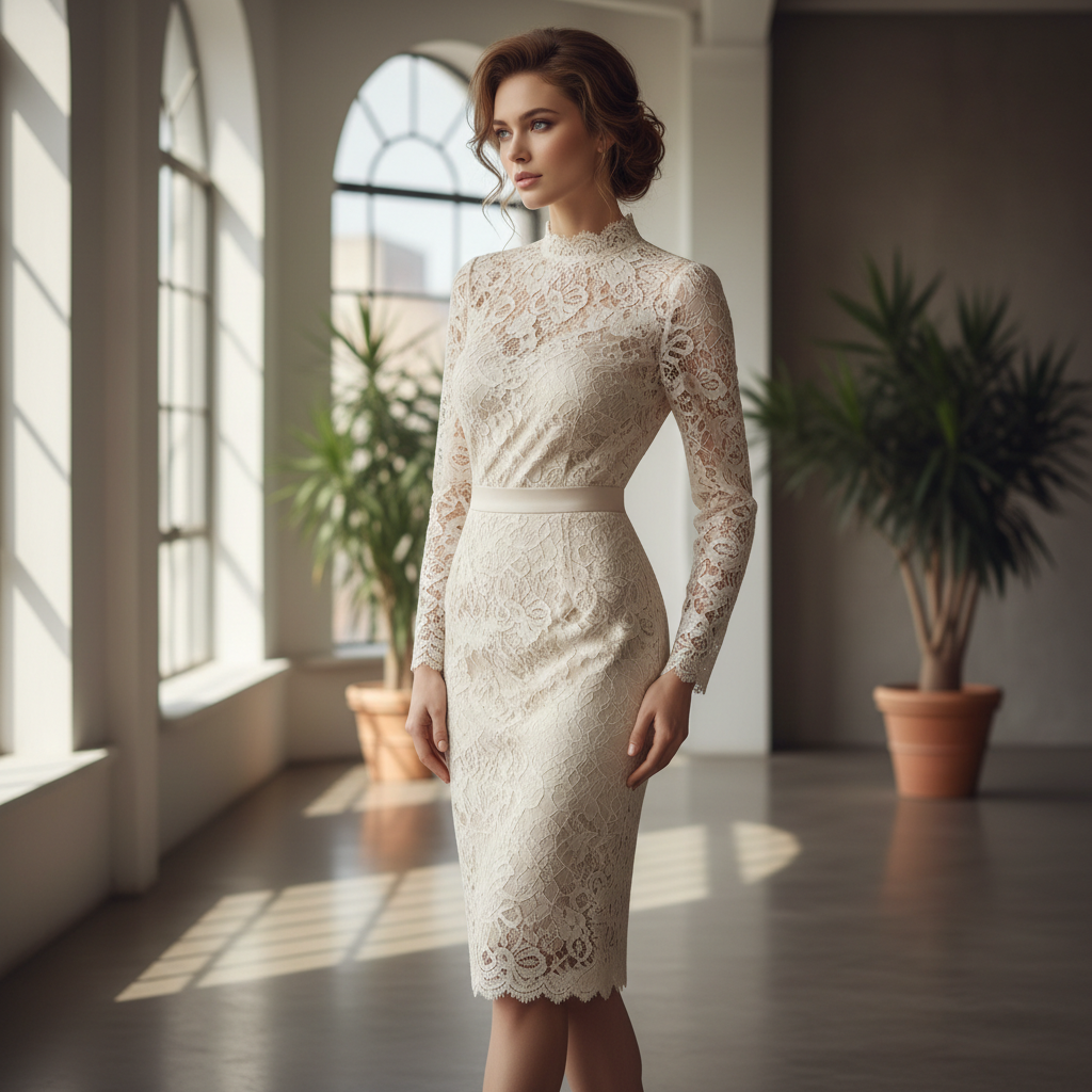 Elegant woman in flowing cream dress standing in soft morning light, bright airy studio, white walls, natural sunlight streaming through large windows