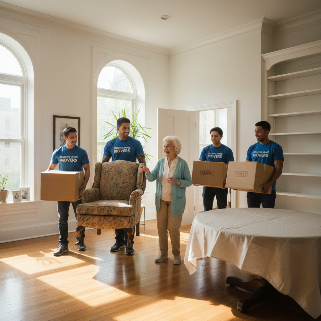 Caring professional movers helping an elderly person settle comfortably in a warm sunlit new home