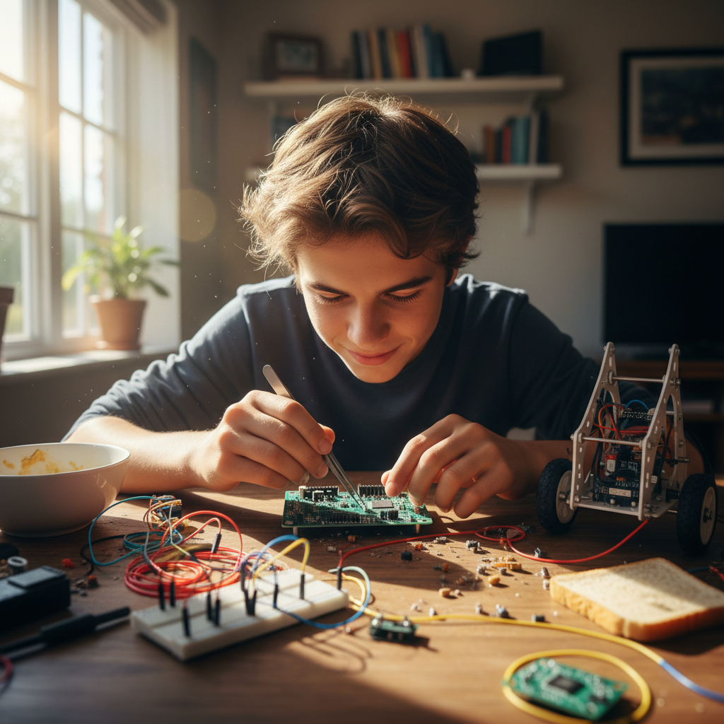 Teen building a line-following robot at the breakfast table, circuit board and wires spread out