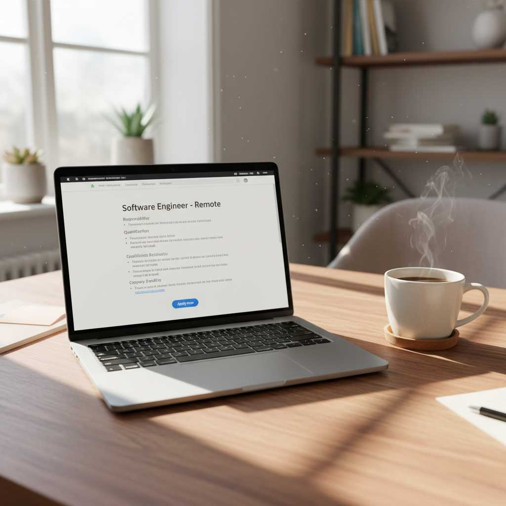 Laptop showing job listing next to a coffee cup for job seekers