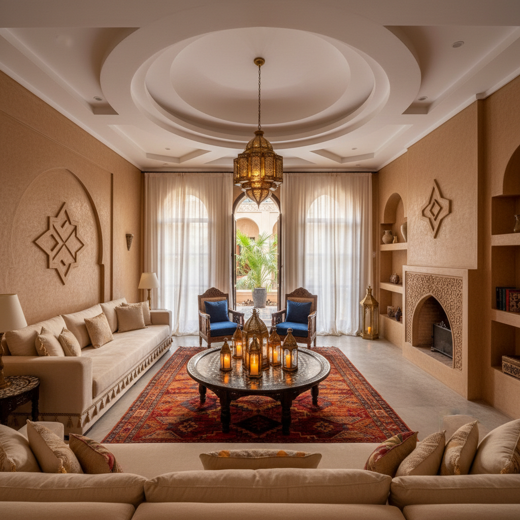 Salon marocain moderne avec habillage mural en bois sculpté et mobilier artisanal