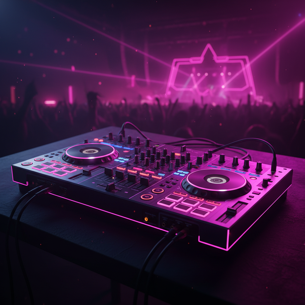 Vibrant purple and pink stage lights reflecting off a DJ mixer in a dark performance venue
