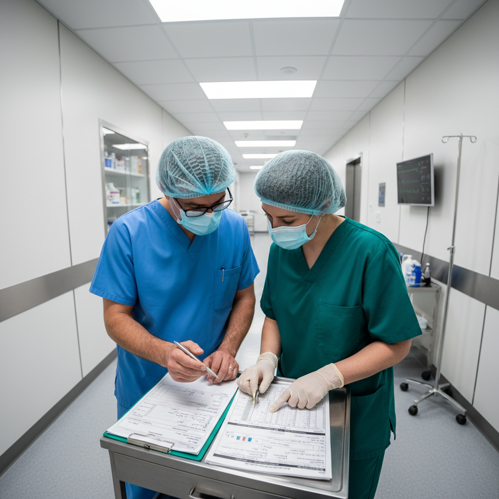 Surgeon and anesthesiologist consulting together over a patient chart in a well-lit clinic corridor