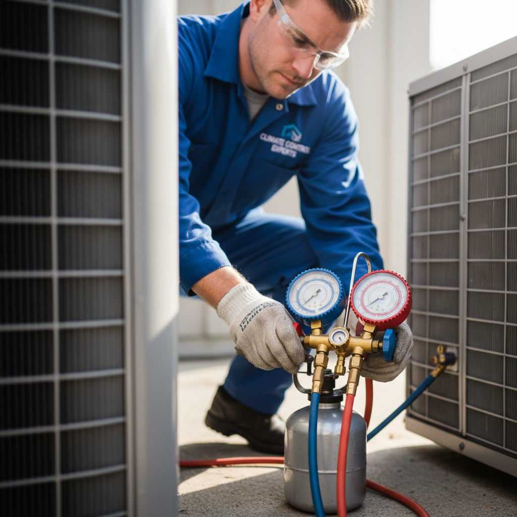 AC technician performing refrigerant gas refill on an outdoor AC compressor unit
