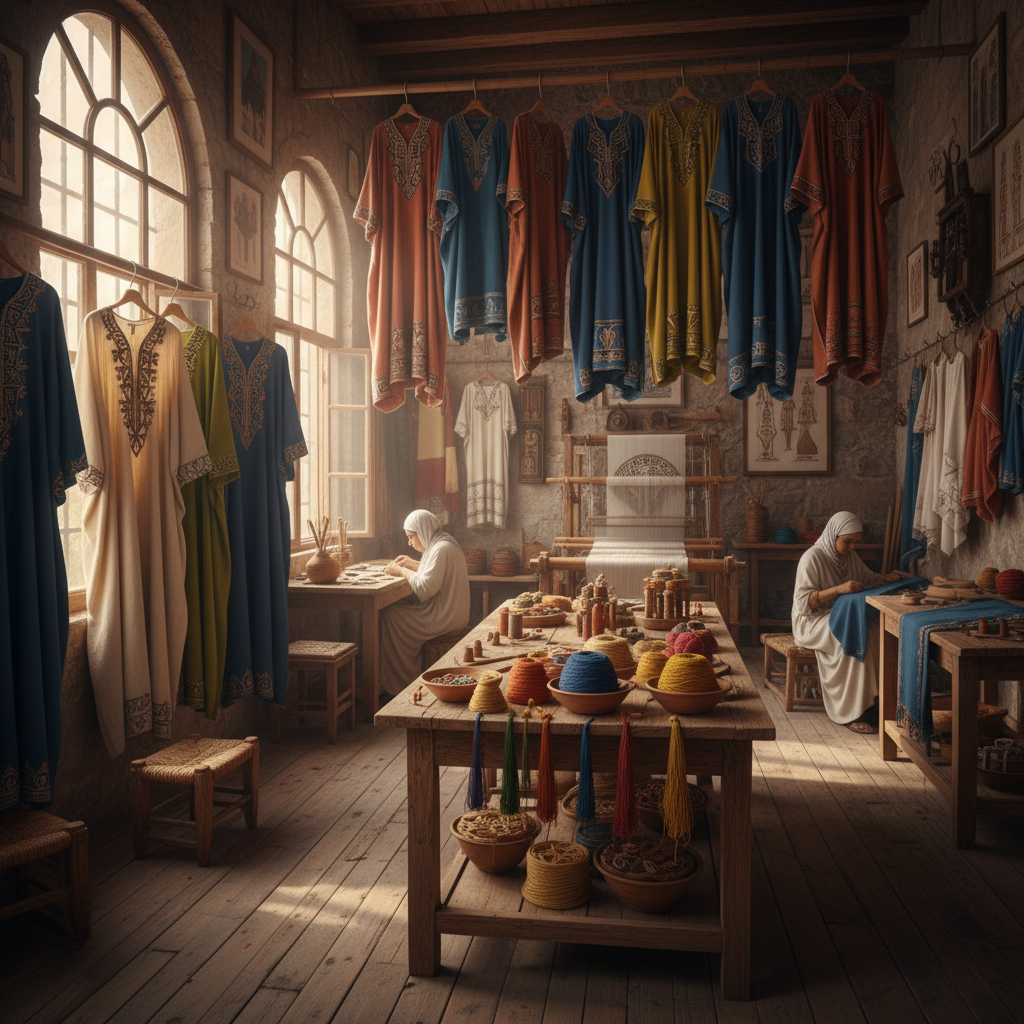 Large pots of naturally dyed fabrics in vibrant colors hanging to dry in traditional workshop