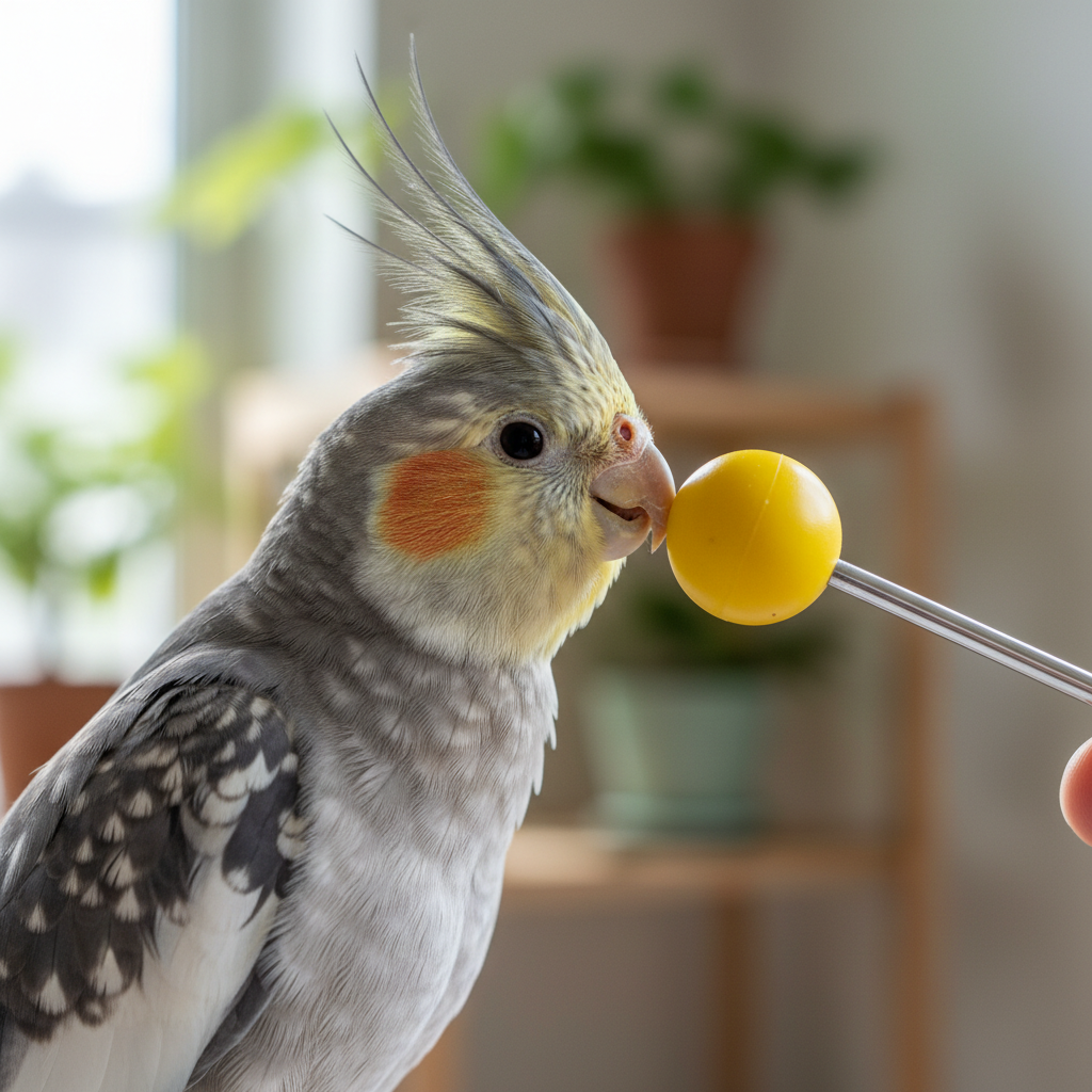 Pearl cockatiel touching a training target stick with beak, crest raised
