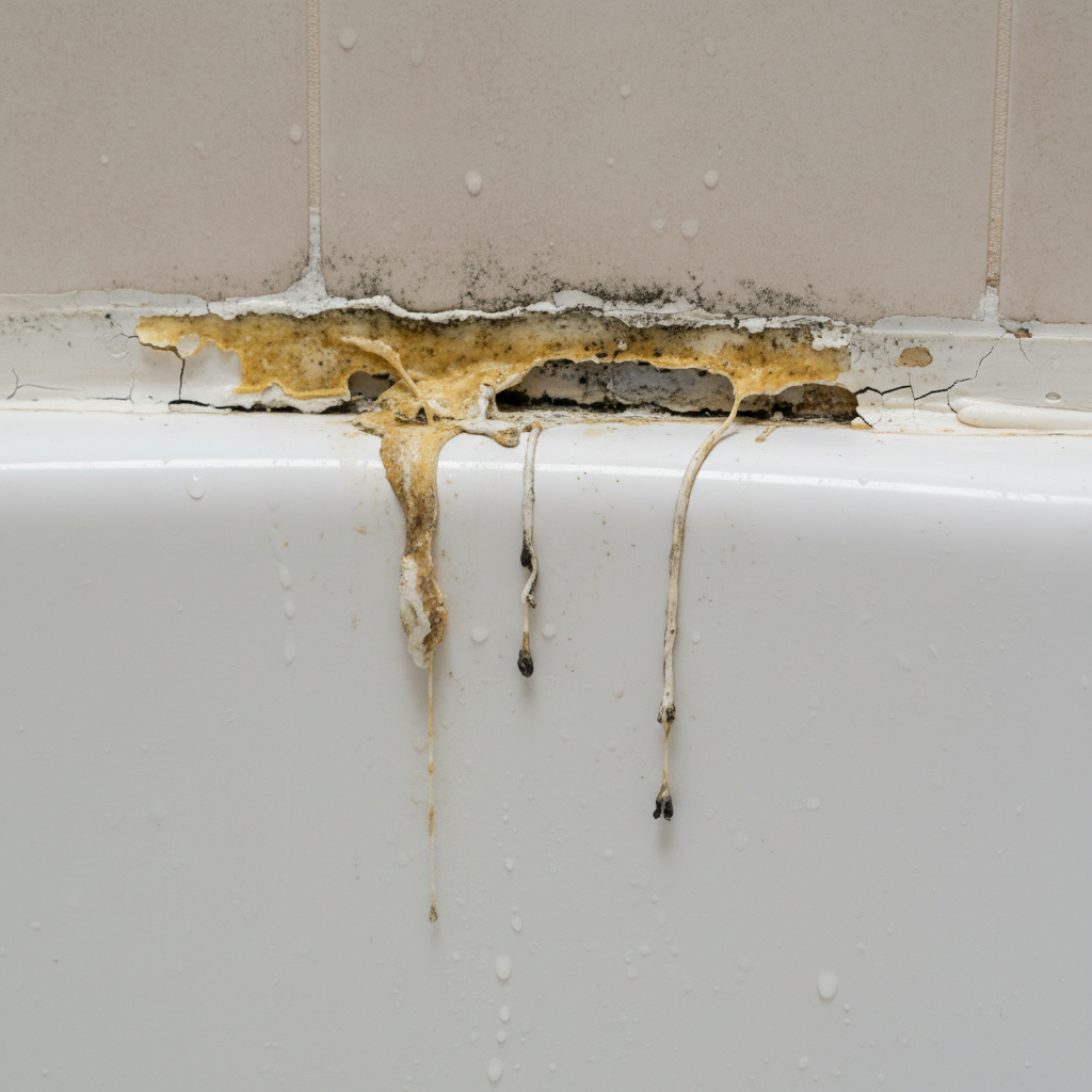 Clean white caulk bead freshly applied around bathtub surround