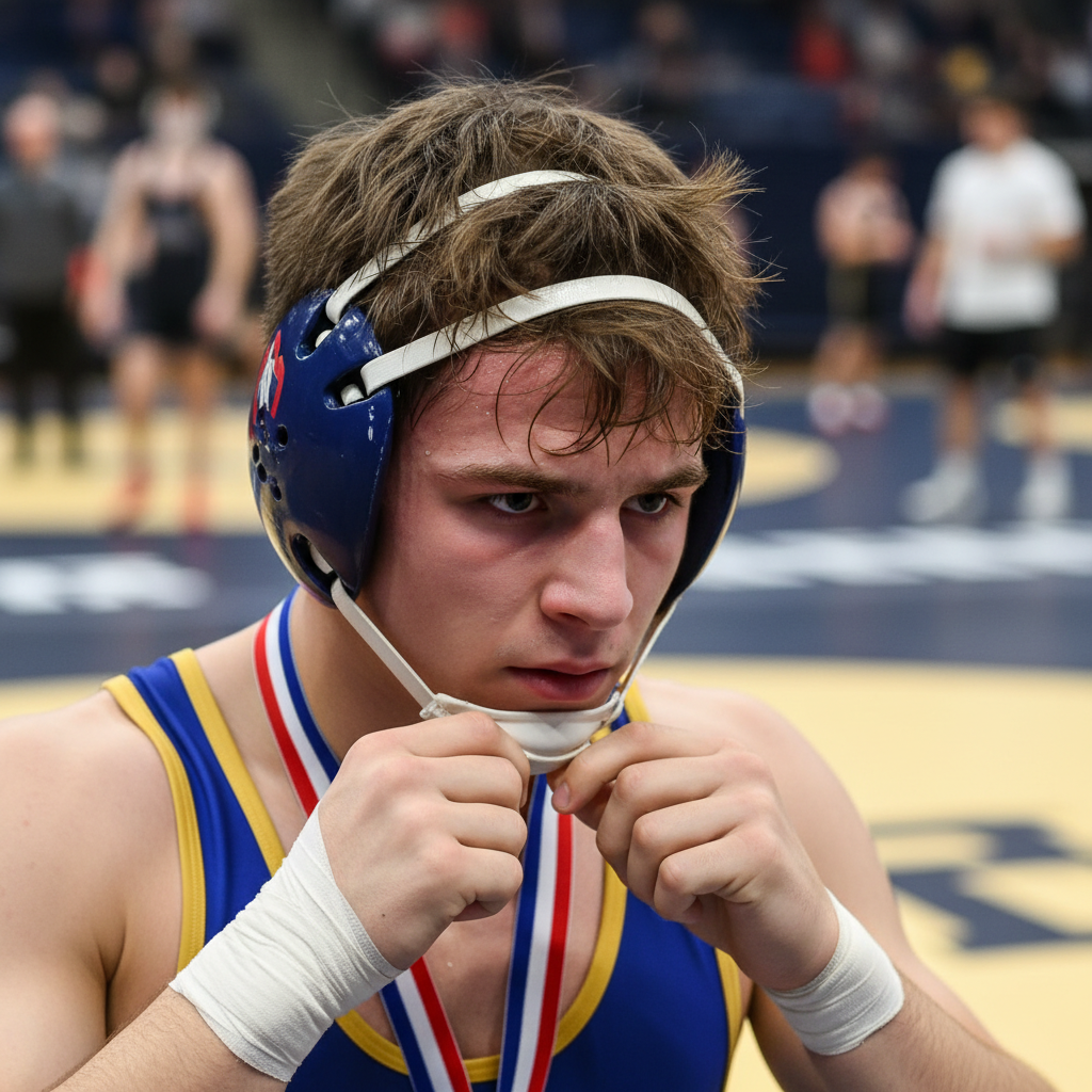 Young wrestler tightening headgear before a match