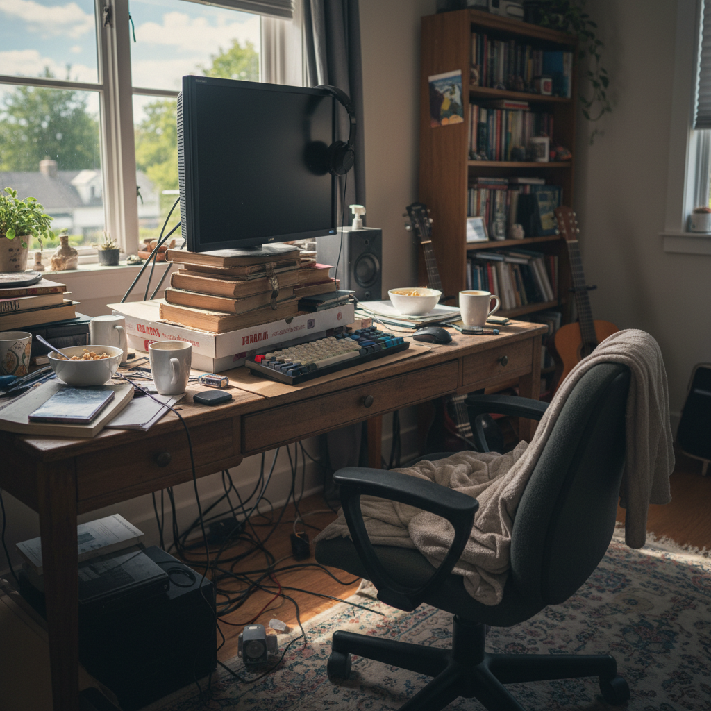 Cluttered home office desk with monitor propped on stacked books, keyboard at wrong height, chair not adjusted