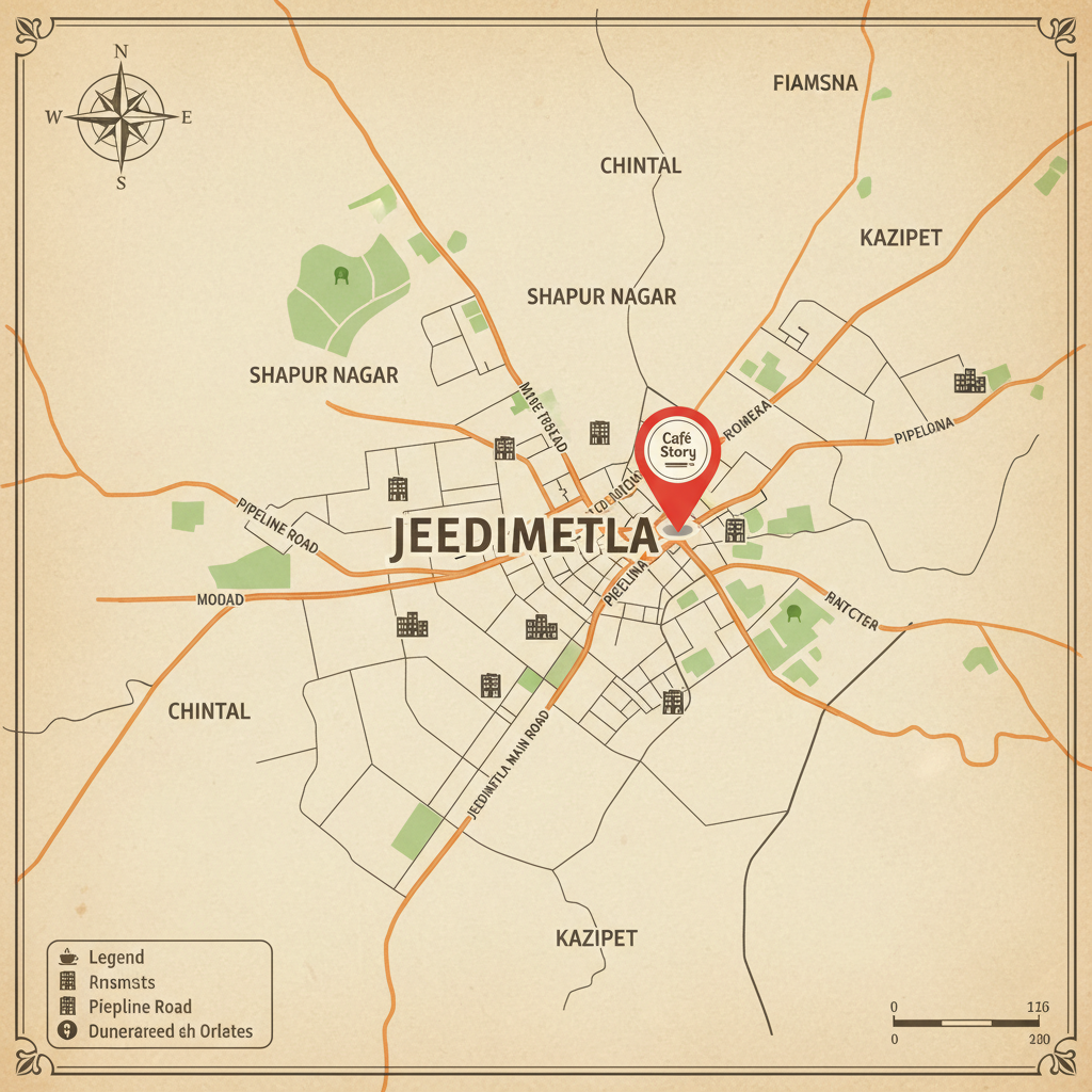 Map showing location of Cafe Story in Jeedimetla, Hyderabad area