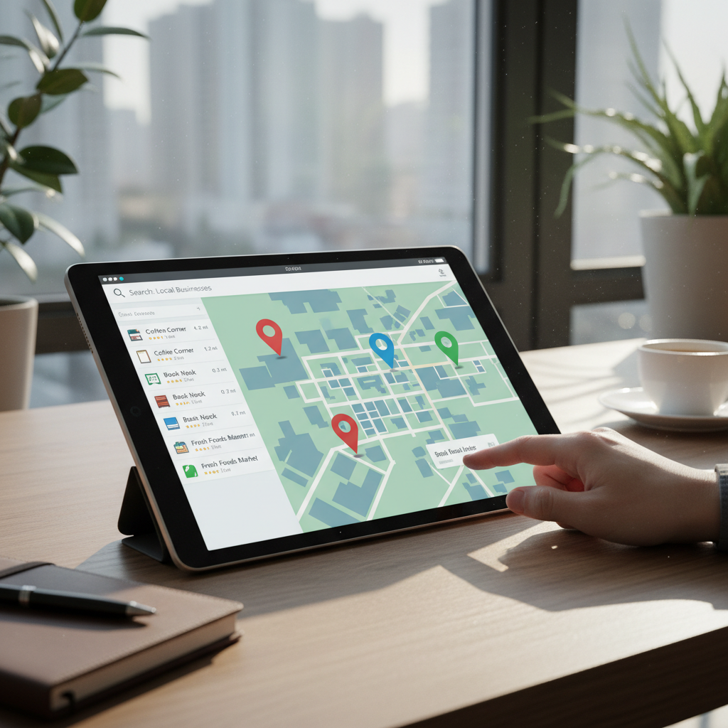 Bright computer screen showing local search results map with business listings and ranking positions