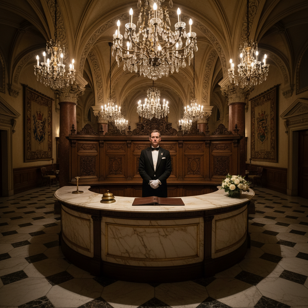 Palace concierge desk with white-gloved butler, ornate marble reception, dim warm chandeliers, deep shadows, atmospheric palace interior