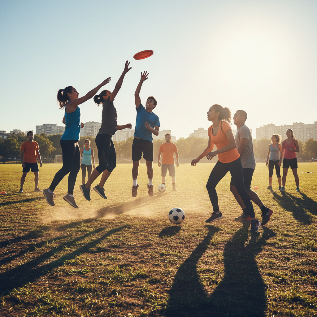 Jóvenes jugando deportes al aire libre en parque