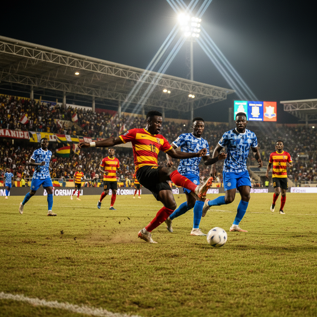 Terrain de football africain la nuit, lumières des projecteurs, ambiance compétition intense