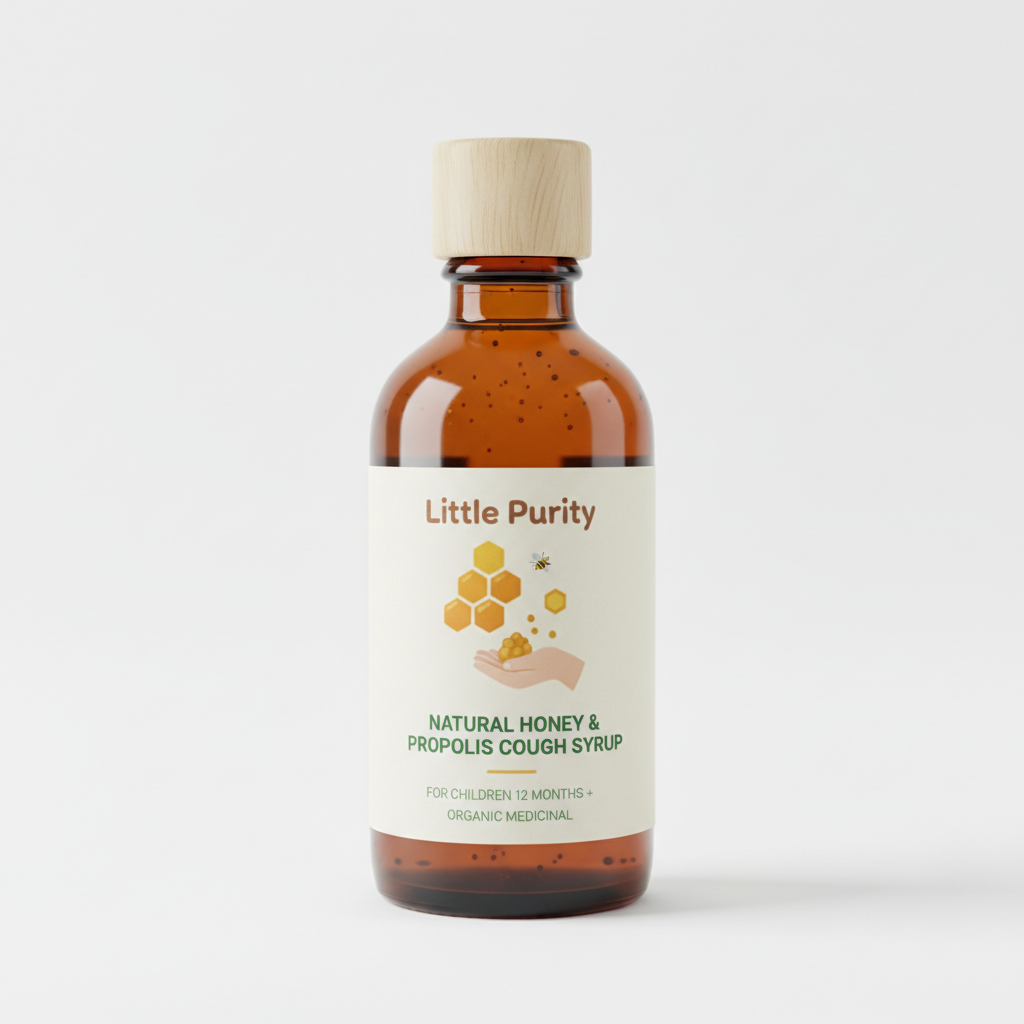 Natural honey and propolis cough syrup for children, organic medicinal product in glass bottle