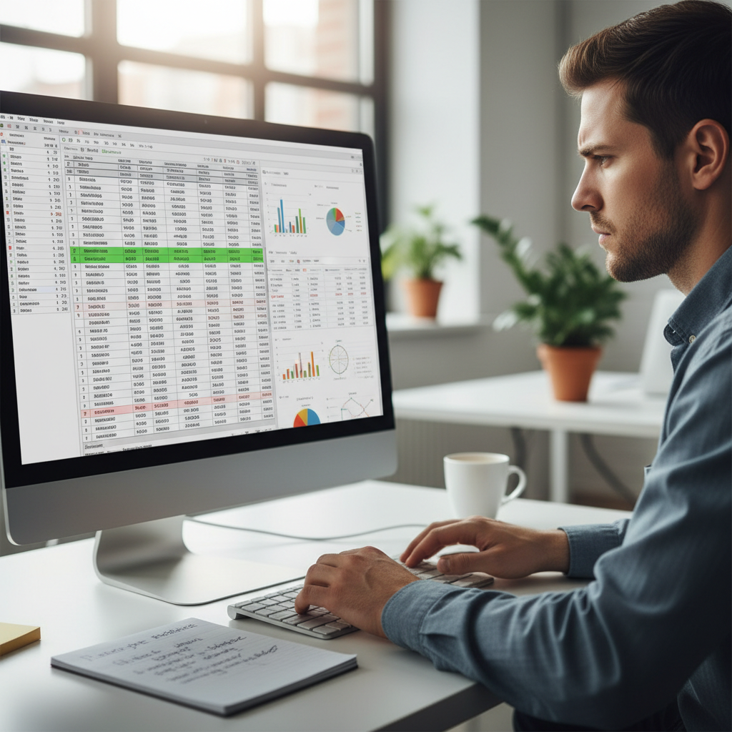 Financial modeling professional working on complex valuation spreadsheets with multiple data sources