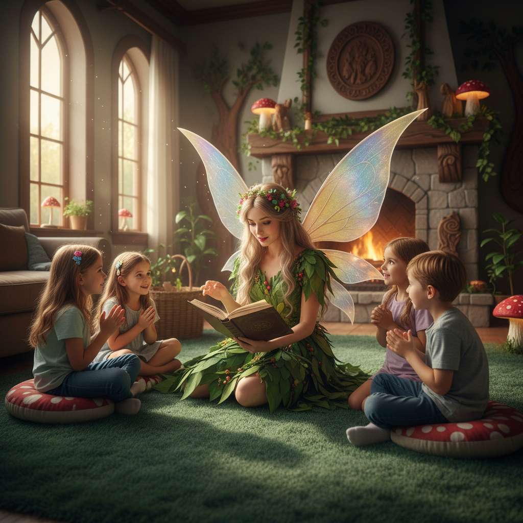 Forest fairy character reading to a circle of wide-eyed children on a living room floor
