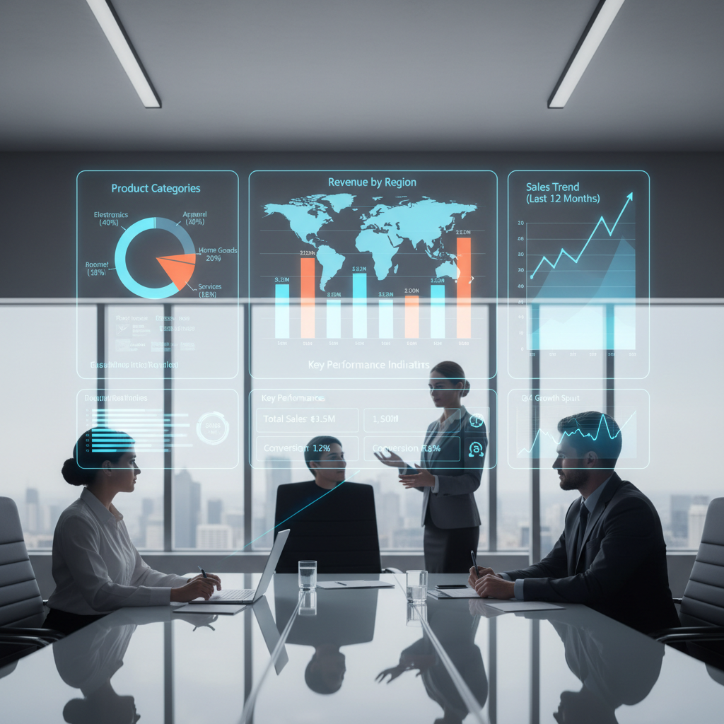 Modern office with digital dashboard screens showing sales analytics and tracking systems