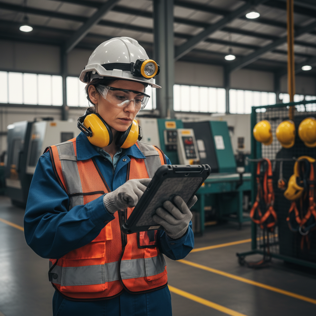 Industrial engineer working on laptop in bright modern factory, technical equipment in background, professional industrial environment