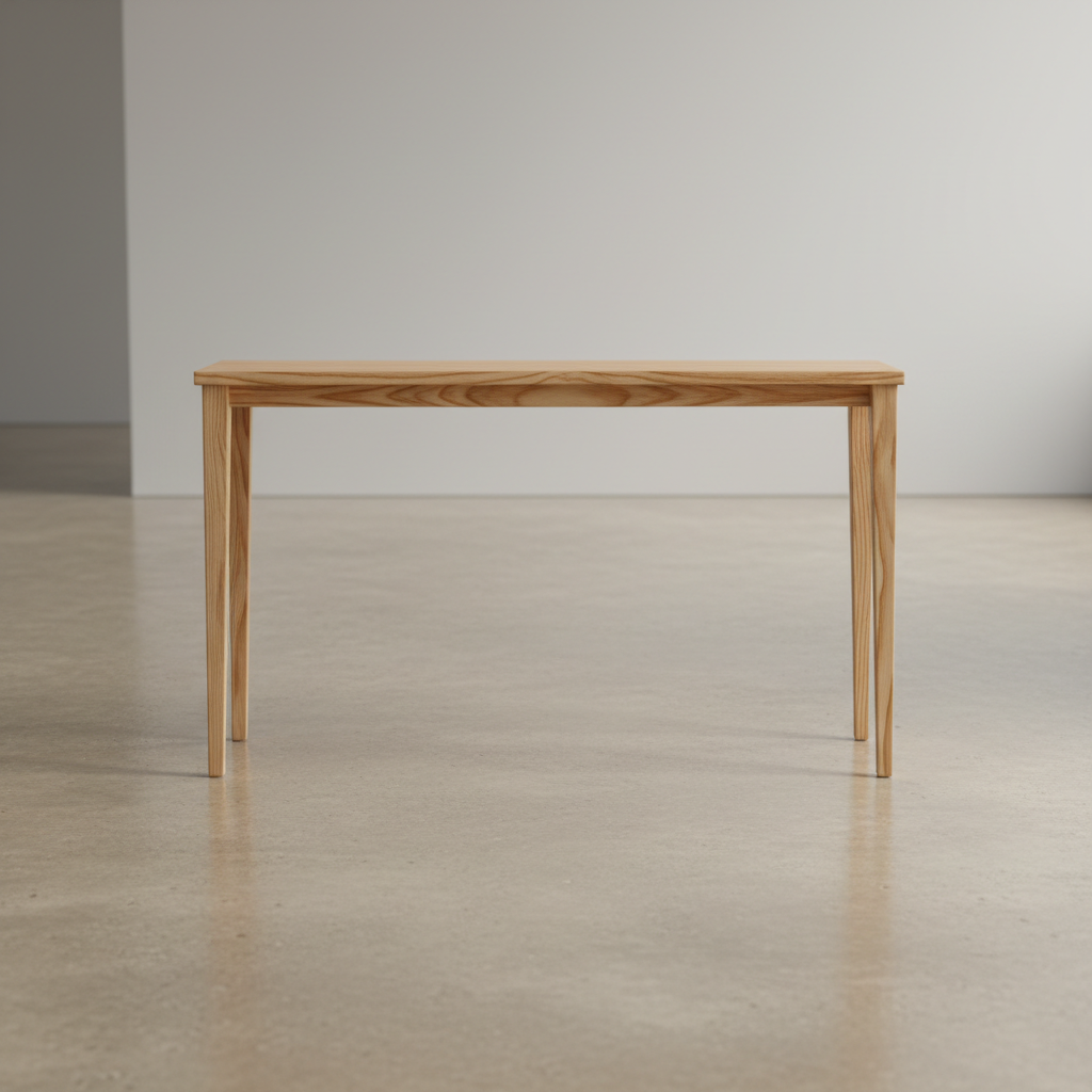 White oak console table with shelf below, clean lines, hallway or entryway setting