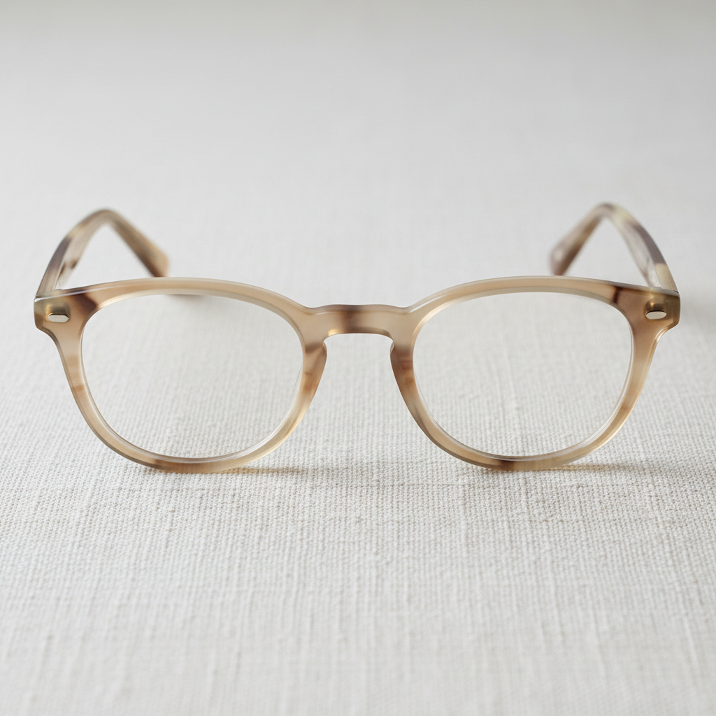 Pale horn acetate frames on cream linen — the Nantucket style
