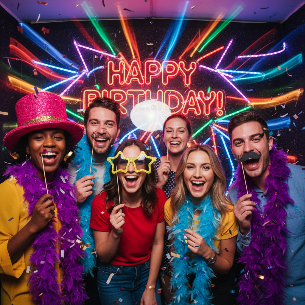 Friends laughing while holding playful photo booth props at a party