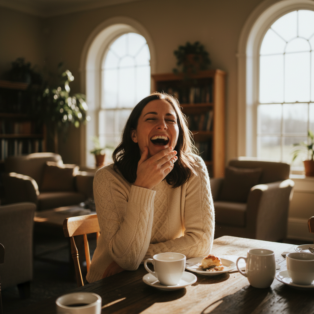 Maya, a Gather member, mid-laugh during a Sunday morning coffee hour