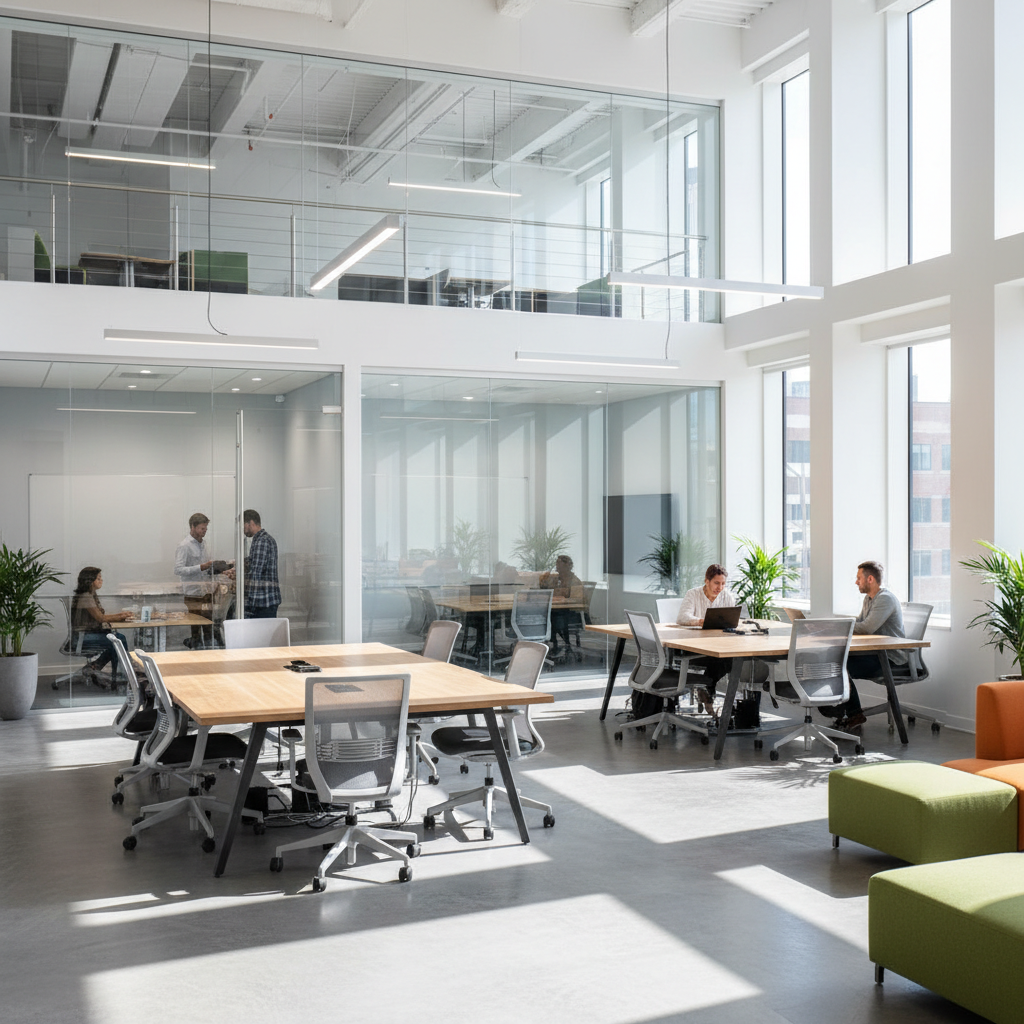Modern office renovation with glass partitions and open collaborative workspace, natural light