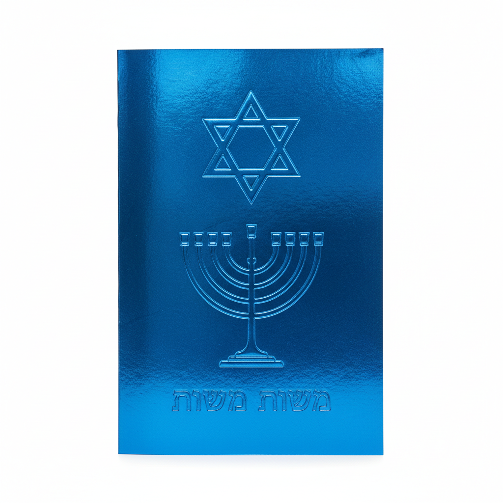 Blue foil Hanukkah card with Star of David and menorah illustration