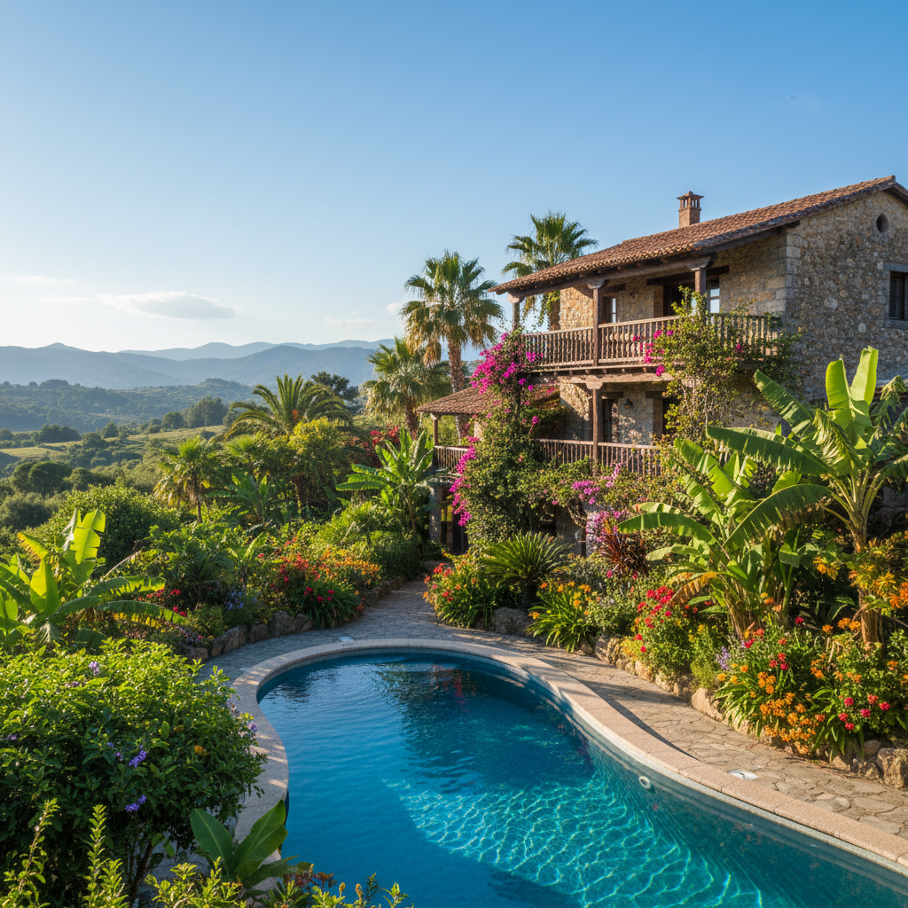 Hotel swimming pool surrounded by lush tropical gardens with mountain backdrop