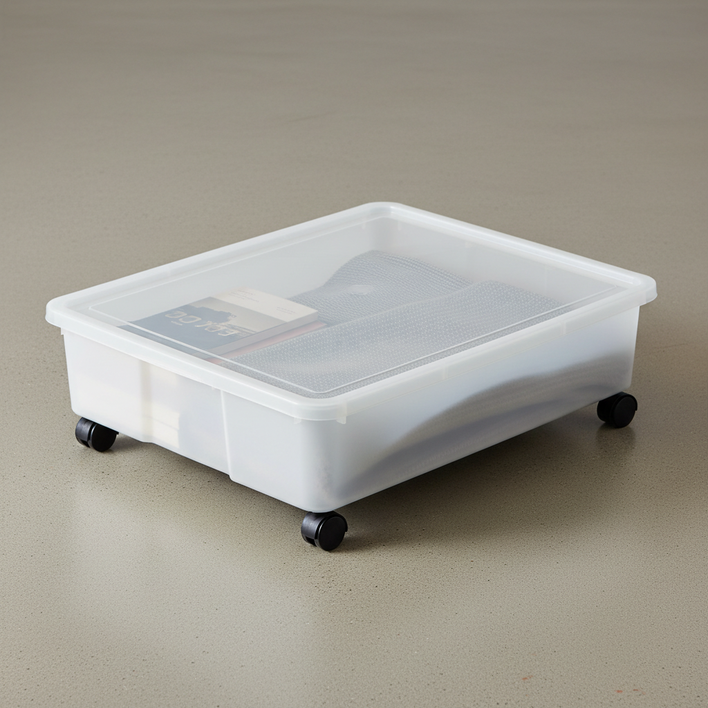 Clear plastic under-bed storage boxes with lids, organised bedroom, clean product photography