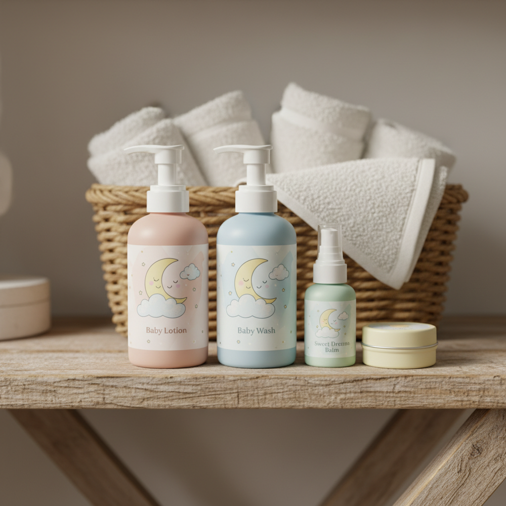 Baby care products on a wooden shelf including lotion and wash bottles