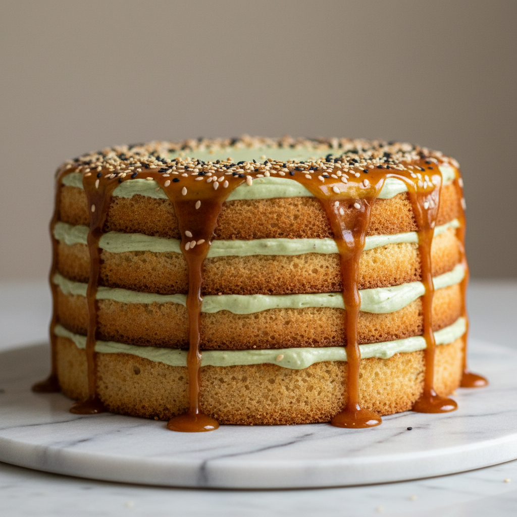 Layered cake with cardamom frosting and sesame drizzle on marble surface