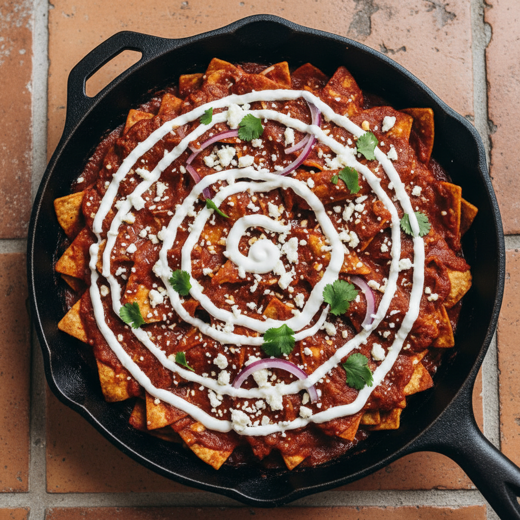 Overhead shot of chilaquiles in cast iron skillet with red salsa, crema drizzle, and queso fresco on hand-glazed terracotta tile