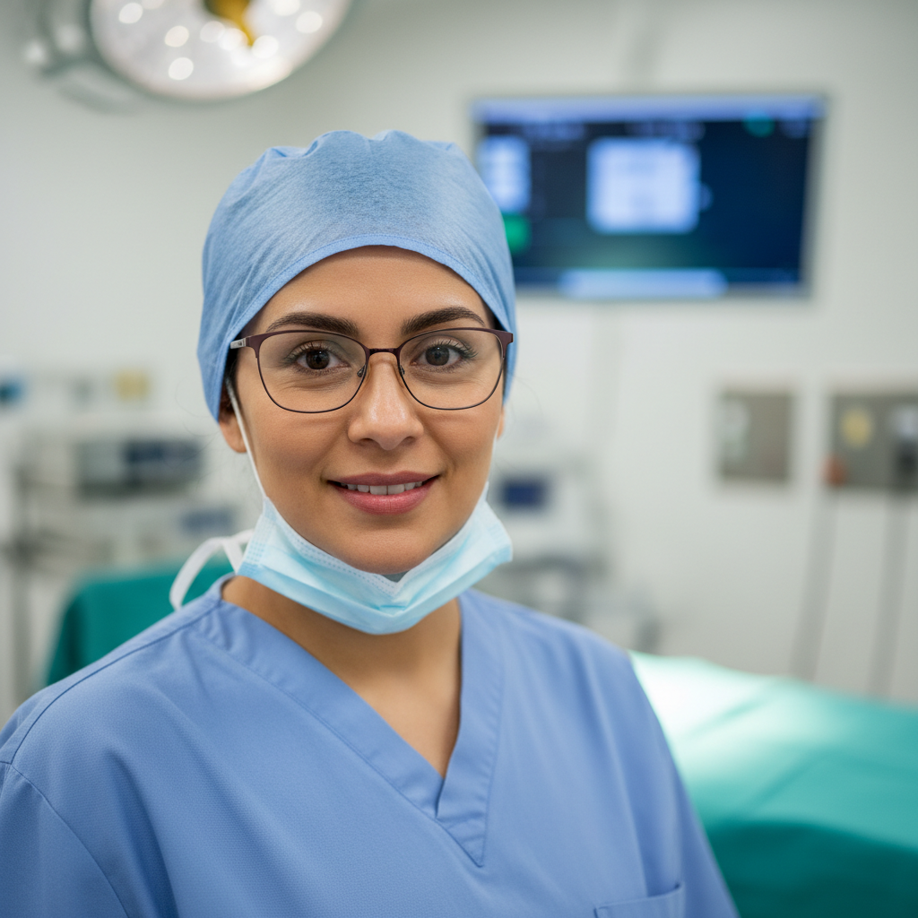 Professional female bariatric surgeon in white coat smiling confidently in hospital setting