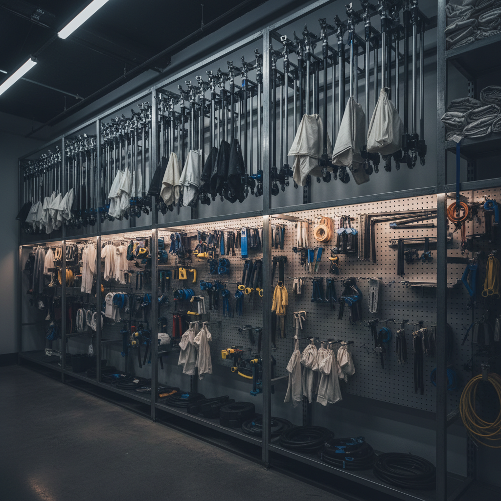 Organized equipment wall with rows of C-stands, silk modifiers, and grip equipment hanging on pegboard in a dark studio setting