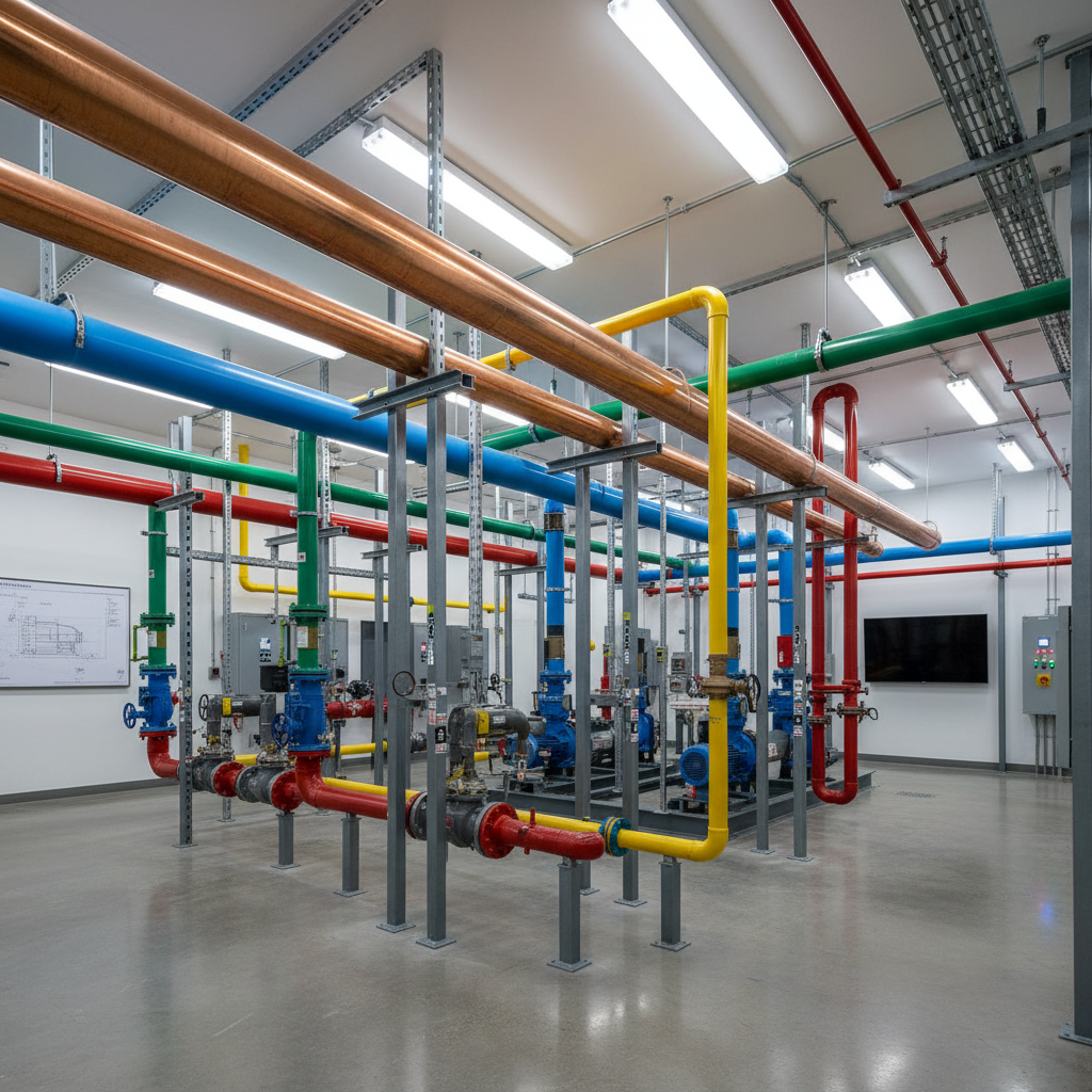Completed mechanical room with gleaming copper headers, color-coded process piping, and powder-coated supports under LED high-bays