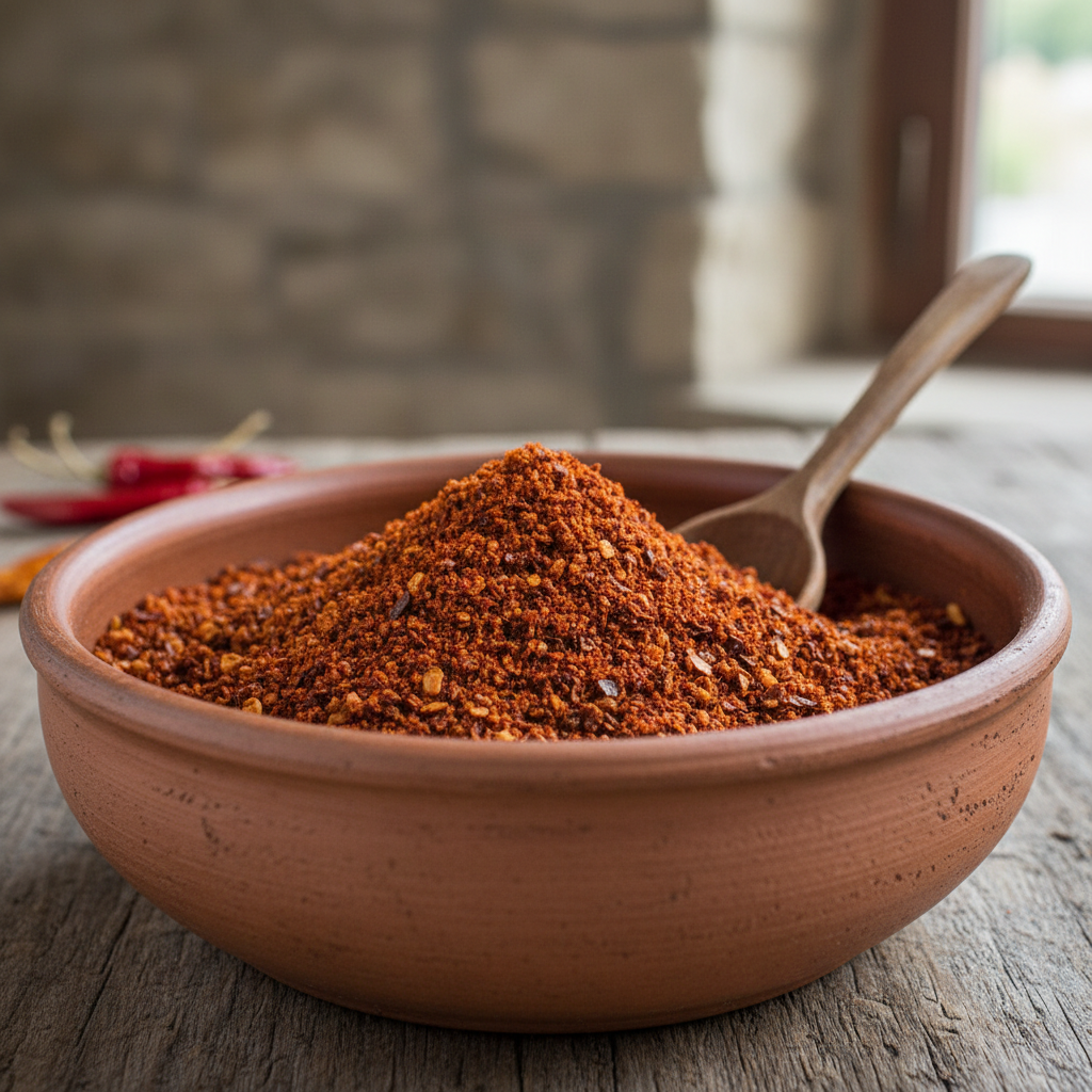 Reddish coconut chilli powder in a small bowl on a warm terracotta surface