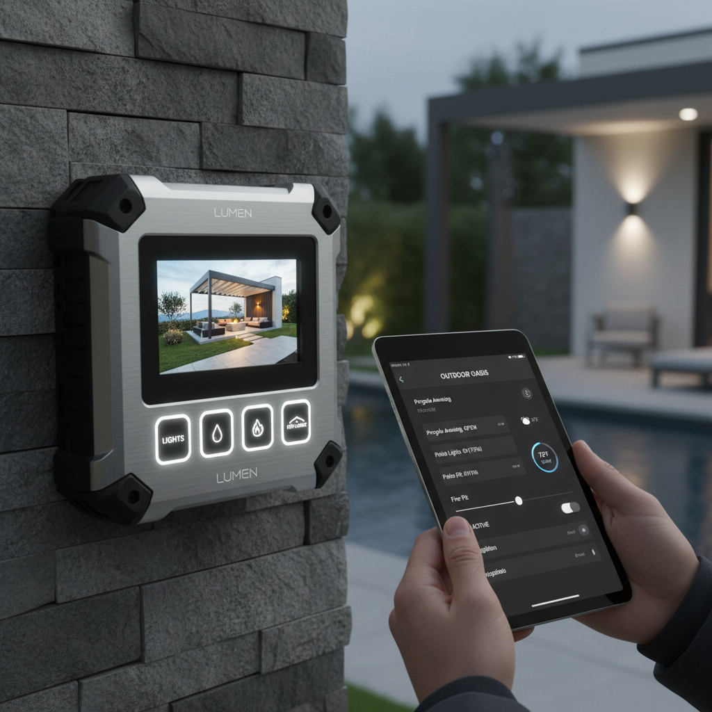 Smart outdoor automation control panel and app interface for managing outdoor structure systems