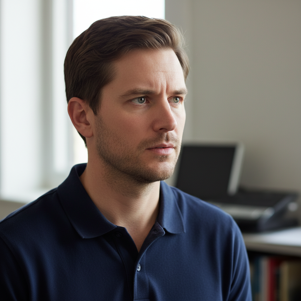 White man with brown hair and stubble wearing navy polo shirt