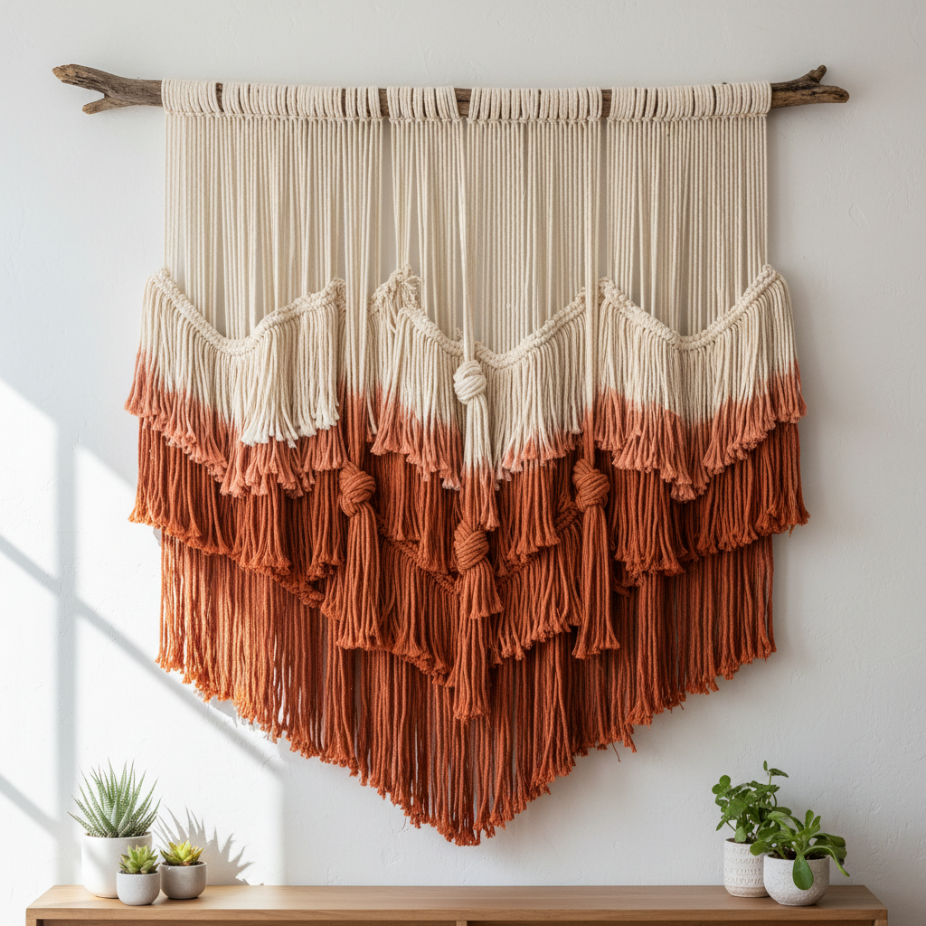 Oversized statement wall piece with layered fringe and dip-dyed terracotta cotton cord