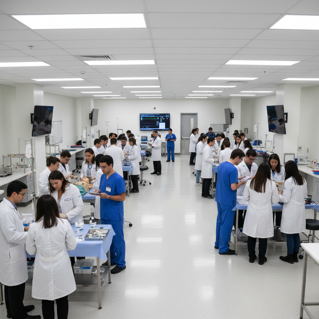 Medical student in white coat examining anatomy model in bright clinical lab setting