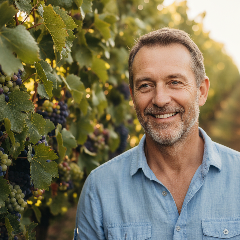 Wine producer portrait, middle-aged man with warm smile in vineyard