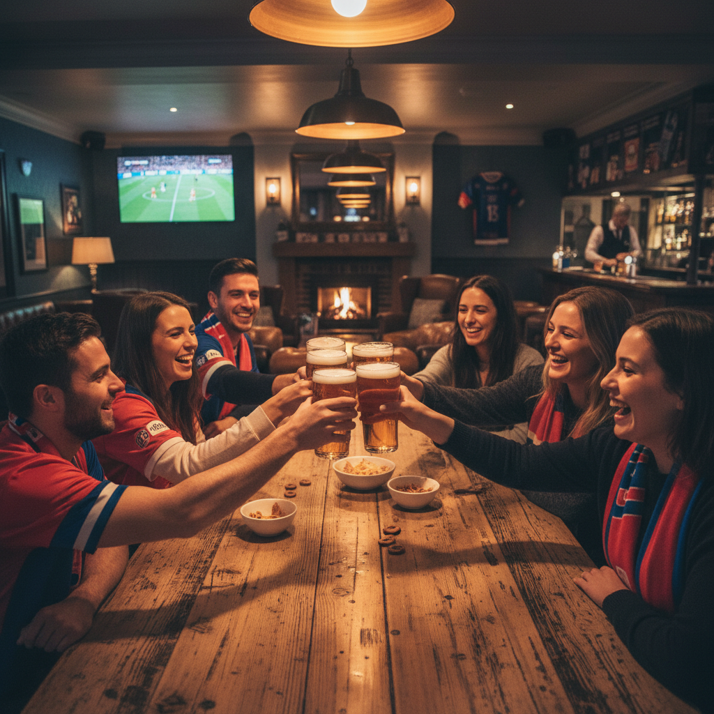 Lively bar atmosphere with friends gathered around tables, warm amber pub lighting, social evening event