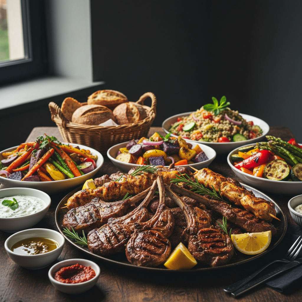 Vibrant spread of colorful grilled meats and vegetables on dark slate board, moody low-key lighting, smoky shadows
